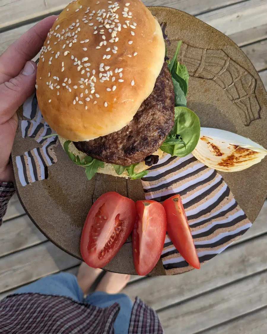 A Wagyu burger at the table